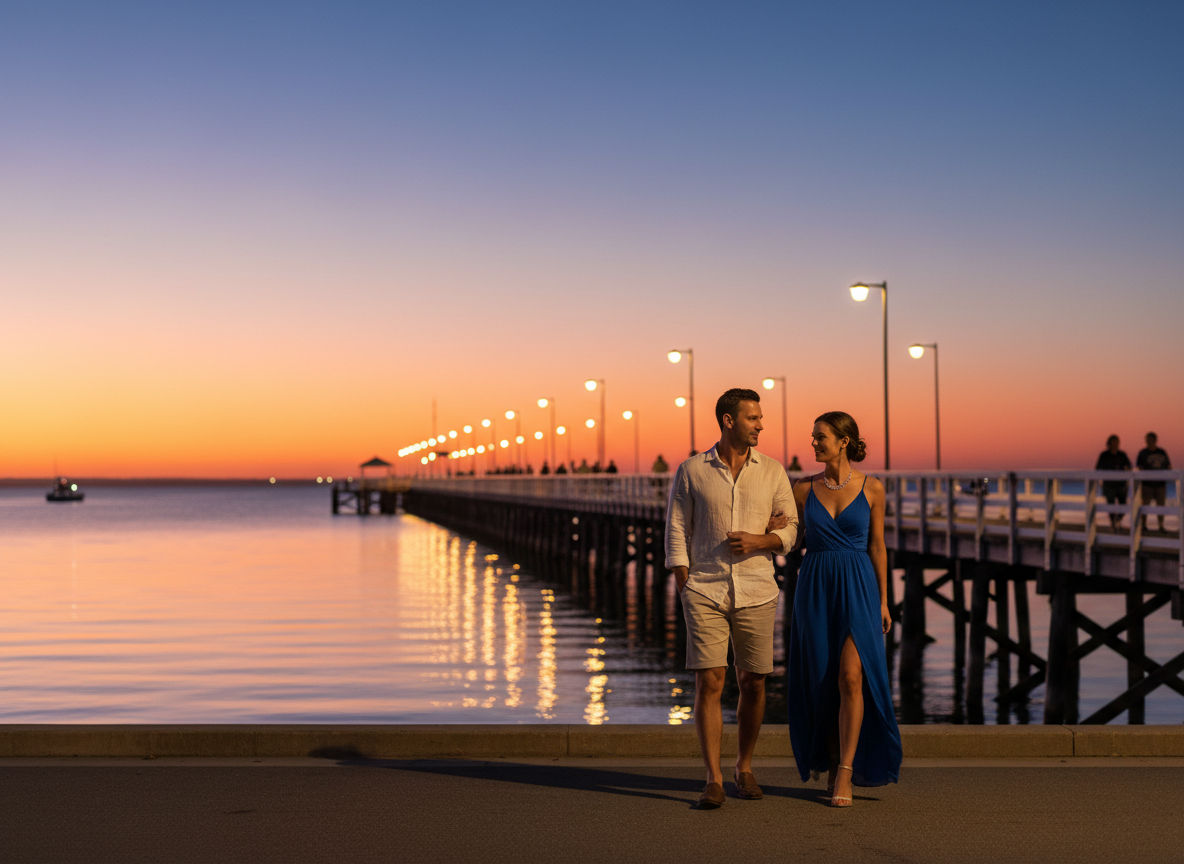 A couple near Busselton Jetty at sunset