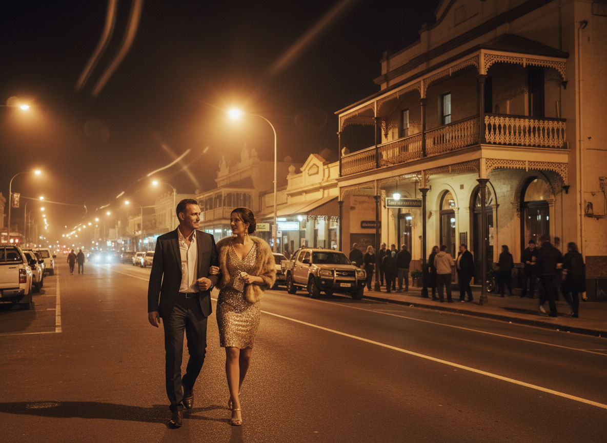 A couple walking on a Kalgoorlie street after dark