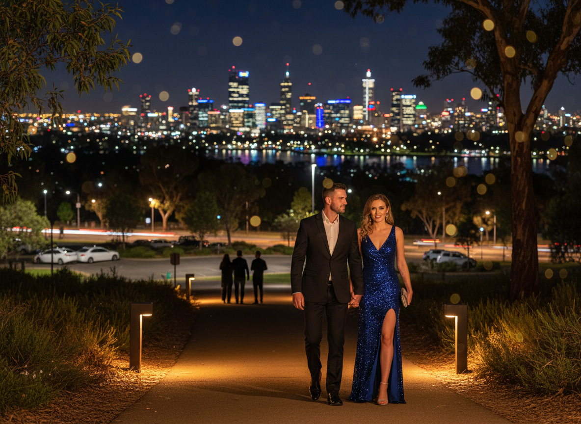 A couple walking through King’s Park at night