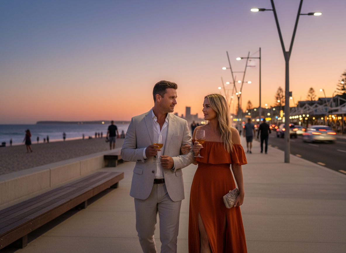 A couple walking the Scarborough Promenade at Sunset