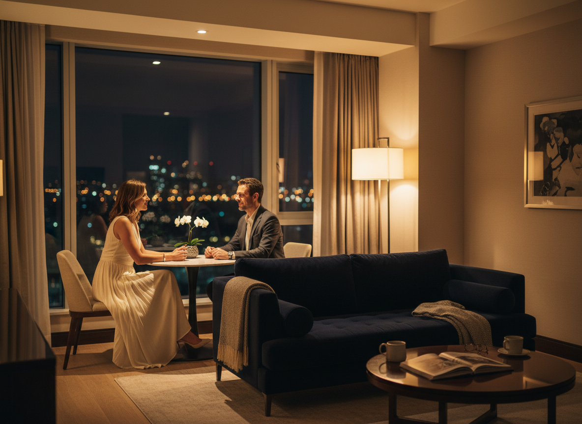Man & woman sharing wine in a hotel suite